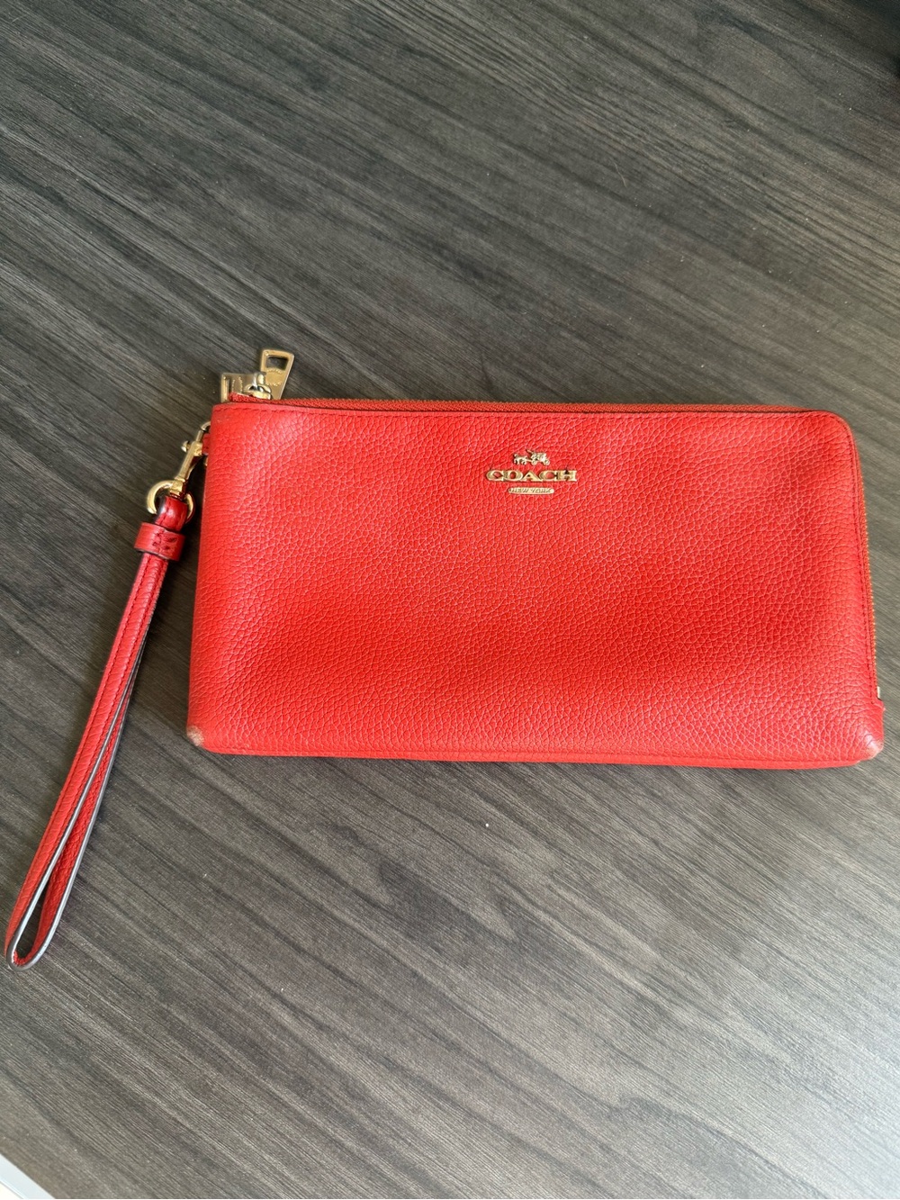 Coach Red Pebbled Leather Wristlet with Gold Hardware